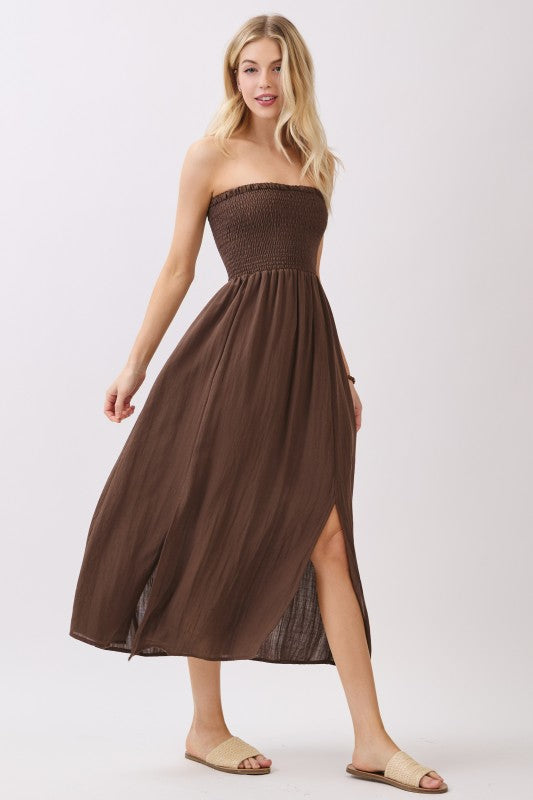 SMOCKED TUBE MIDI DRESS - BROWN