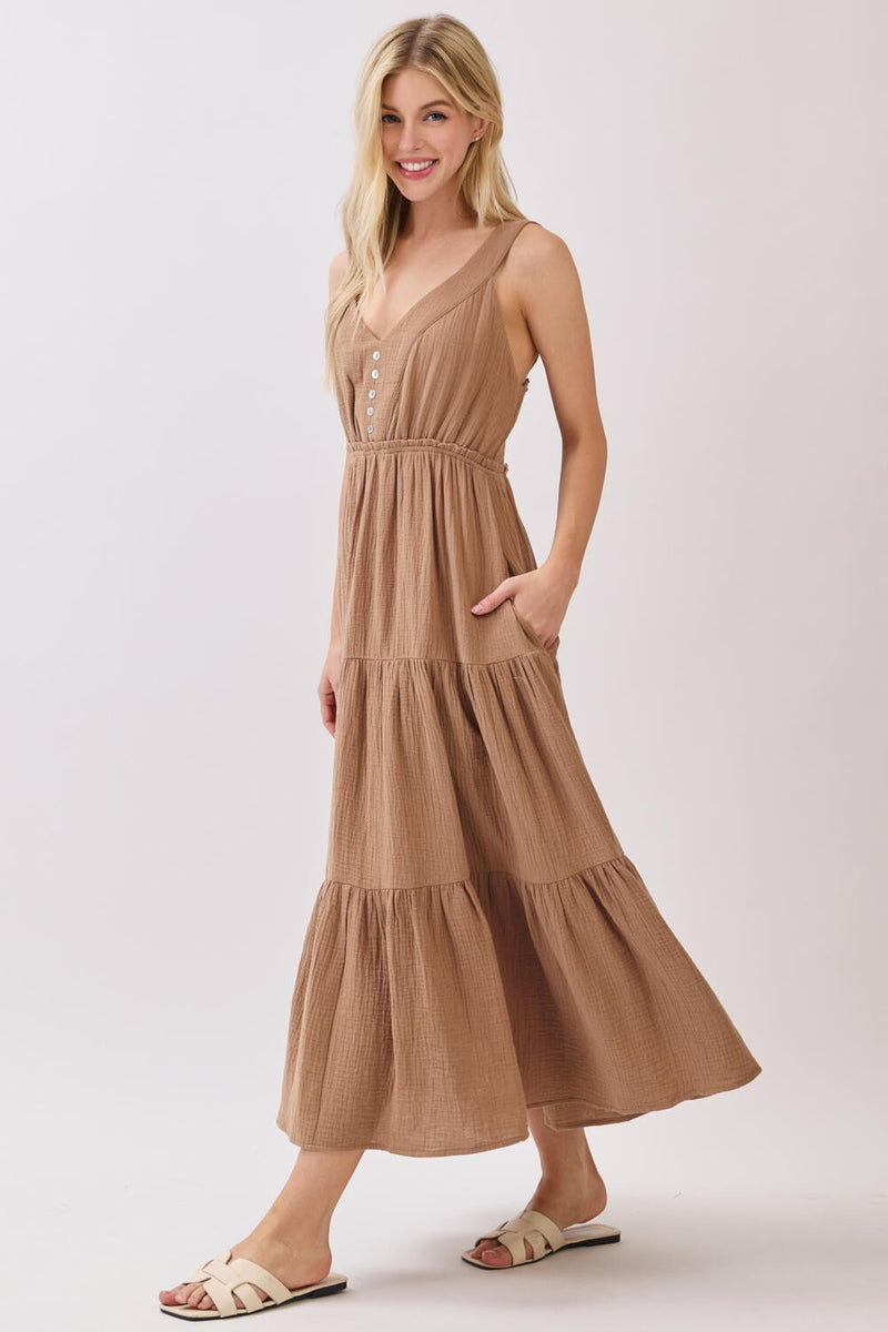 GAUZE TIERED MIDI DRESS - TAUPE