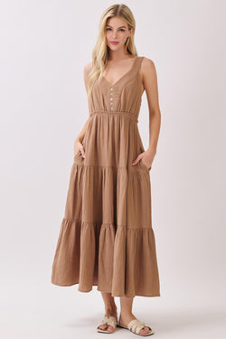 GAUZE TIERED MIDI DRESS - TAUPE