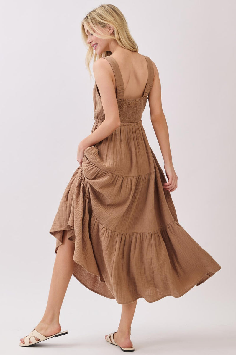 GAUZE TIERED MIDI DRESS - TAUPE