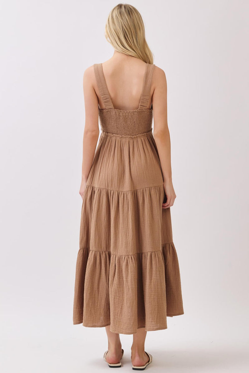 GAUZE TIERED MIDI DRESS - TAUPE