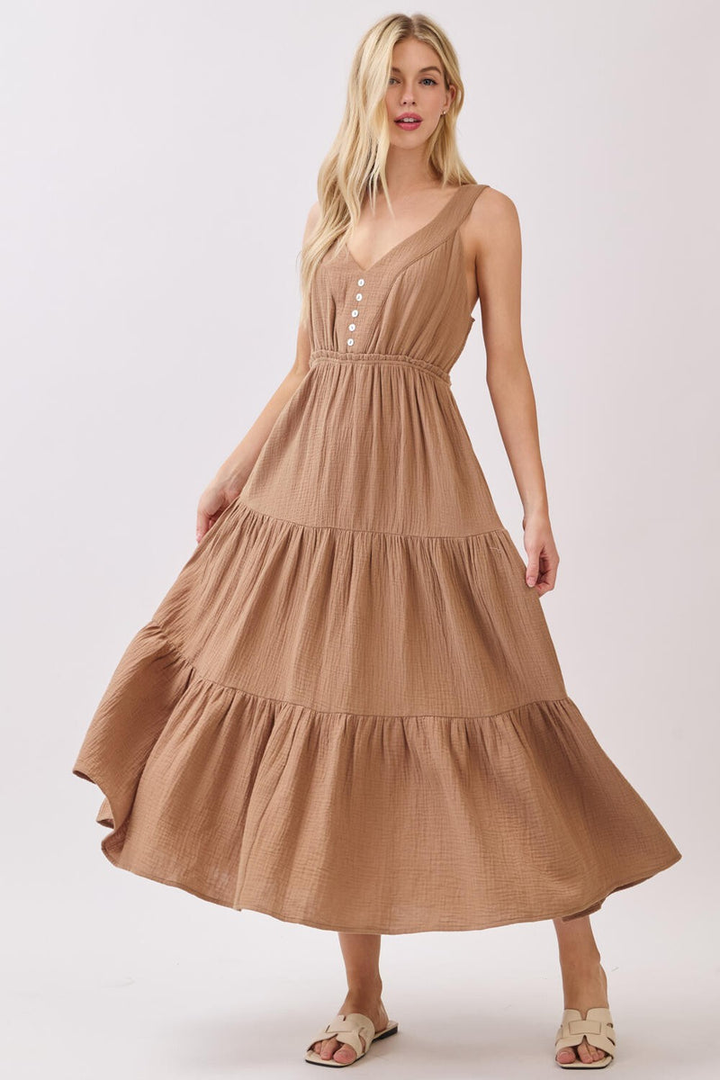 GAUZE TIERED MIDI DRESS - TAUPE
