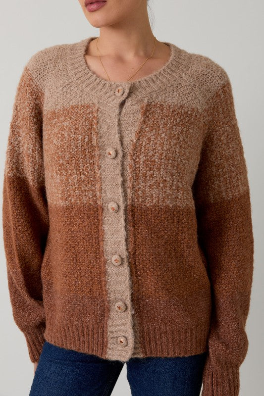 GRADIENT COLOR BLOCK CARDIGAN - CAMEL MUTI