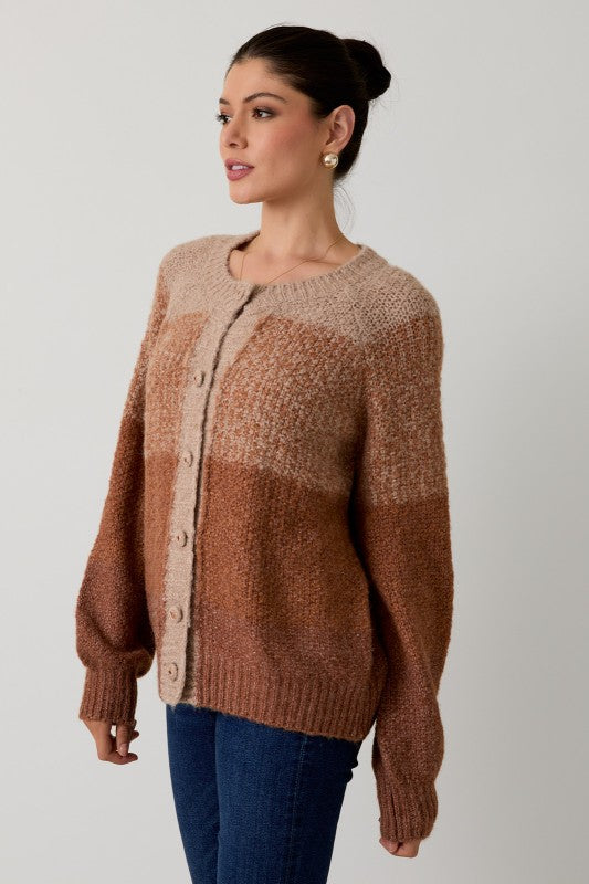 GRADIENT COLOR BLOCK CARDIGAN - CAMEL MUTI