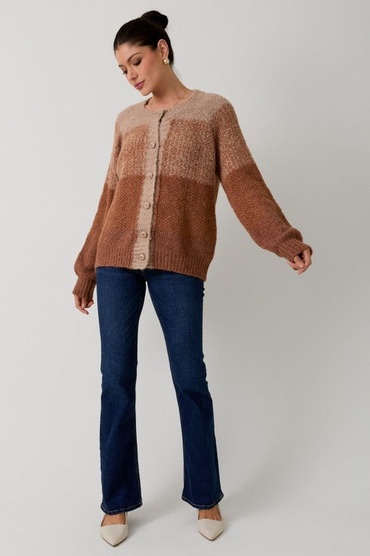 GRADIENT COLOR BLOCK CARDIGAN - CAMEL MUTI