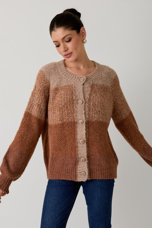 GRADIENT COLOR BLOCK CARDIGAN - CAMEL MUTI