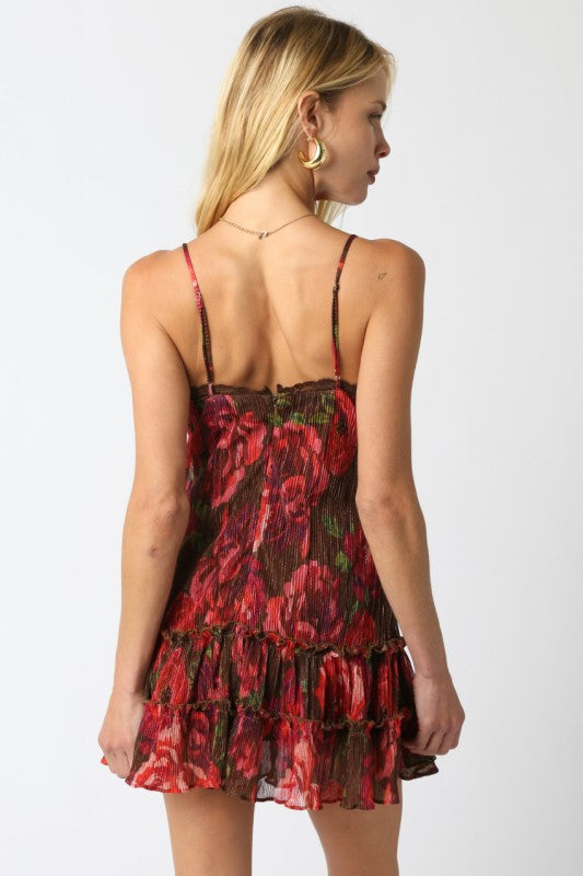 NIA FLORAL RUFFLE DRESS - RED/BURGUNDY