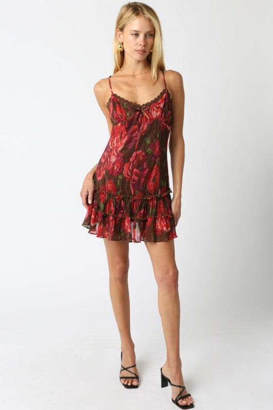 NIA FLORAL RUFFLE DRESS - RED/BURGUNDY