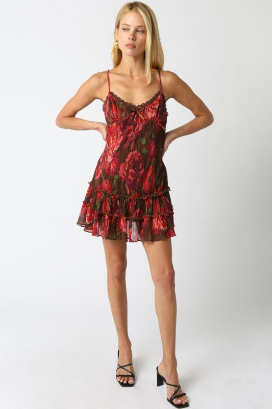 NIA FLORAL RUFFLE DRESS - RED/BURGUNDY