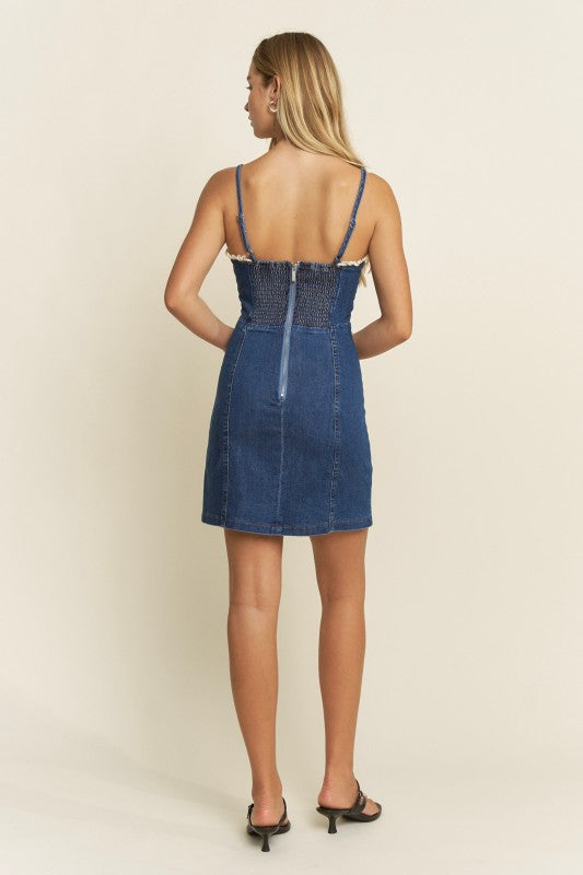DENIM LACE DETAIL MINI DRESS - DENIM