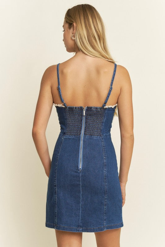 DENIM LACE DETAIL MINI DRESS - DENIM