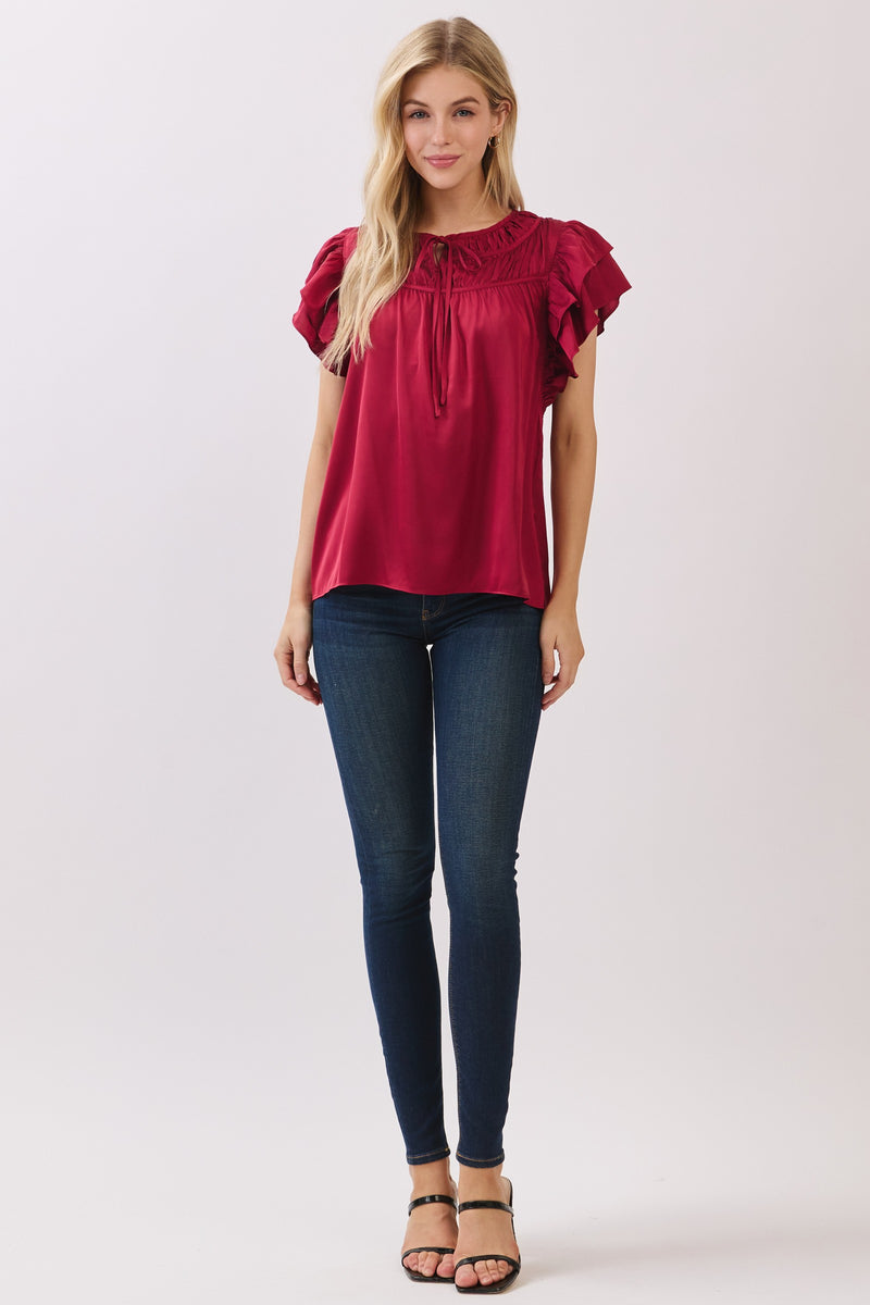 DOUBLE RUFFLE SLEEVE BLOUSE  - BURGUNDY