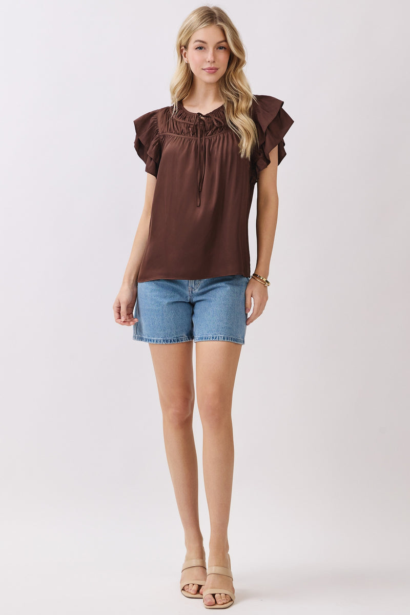 DOUBLE RUFFLE SLEEVE BLOUSE  - BROWN