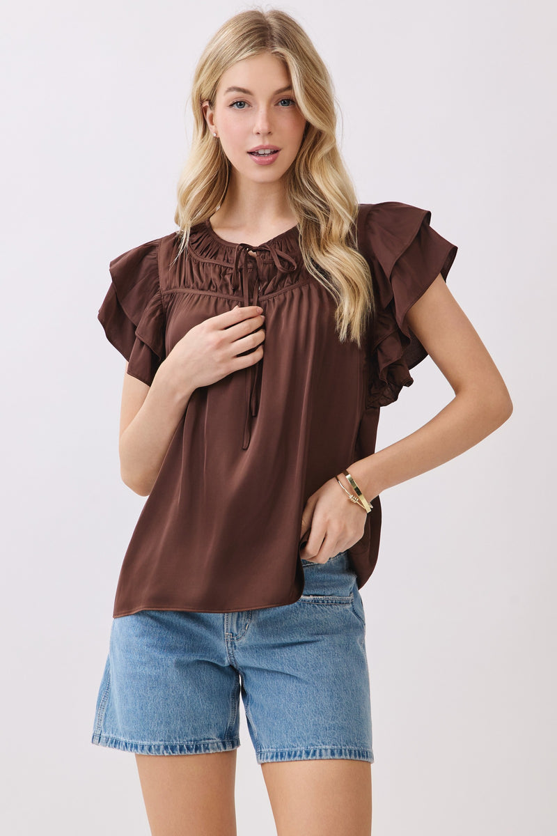DOUBLE RUFFLE SLEEVE BLOUSE  - BROWN