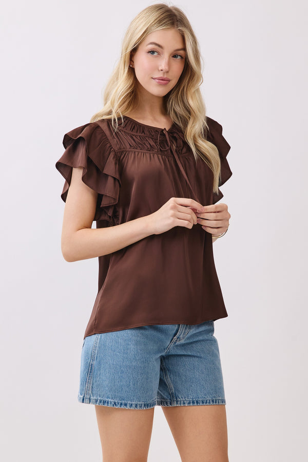 DOUBLE RUFFLE SLEEVE BLOUSE  - BROWN