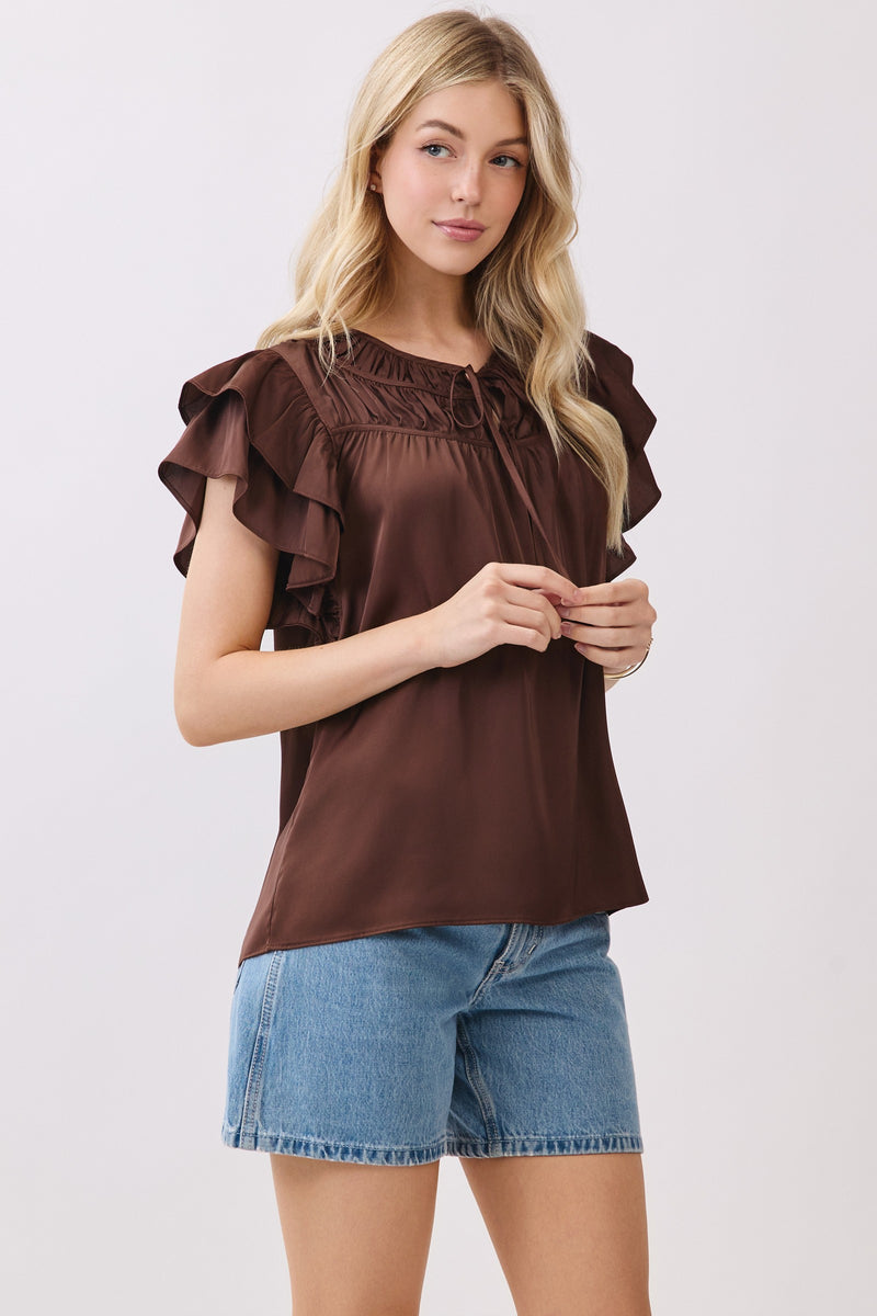 DOUBLE RUFFLE SLEEVE BLOUSE  - BROWN