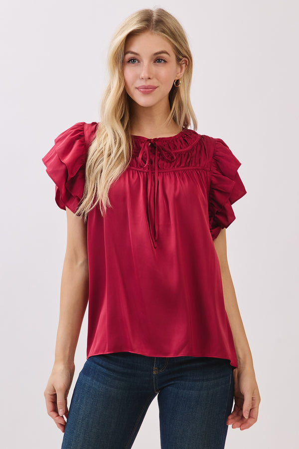 DOUBLE RUFFLE SLEEVE BLOUSE  - BURGUNDY