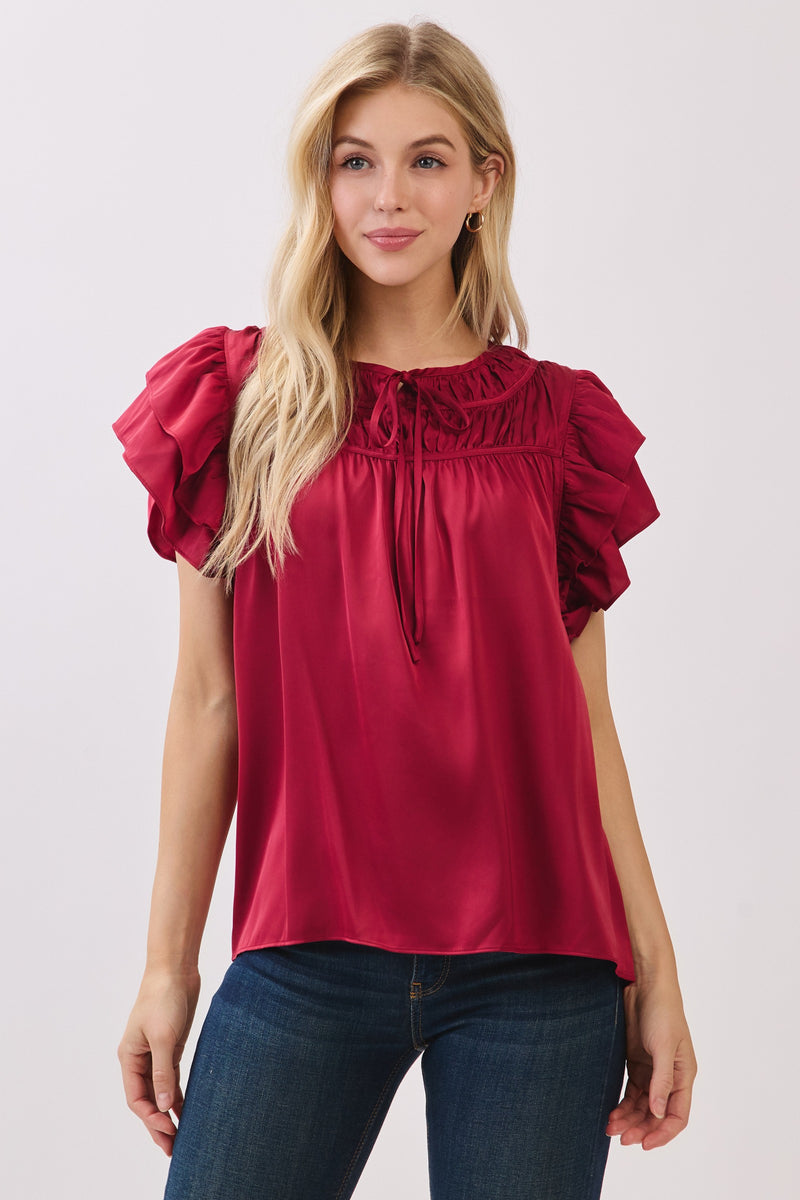 DOUBLE RUFFLE SLEEVE BLOUSE  - BURGUNDY
