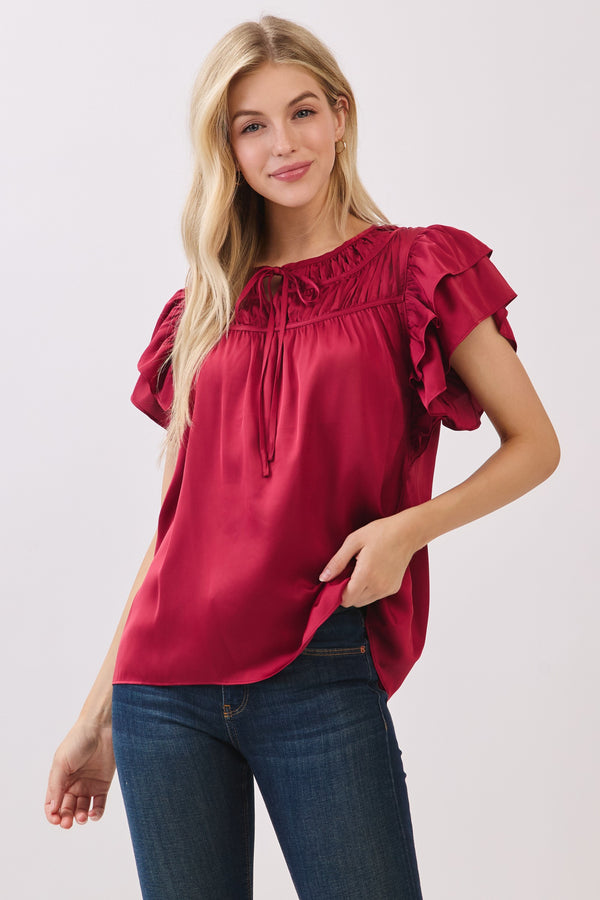 DOUBLE RUFFLE SLEEVE BLOUSE  - BURGUNDY