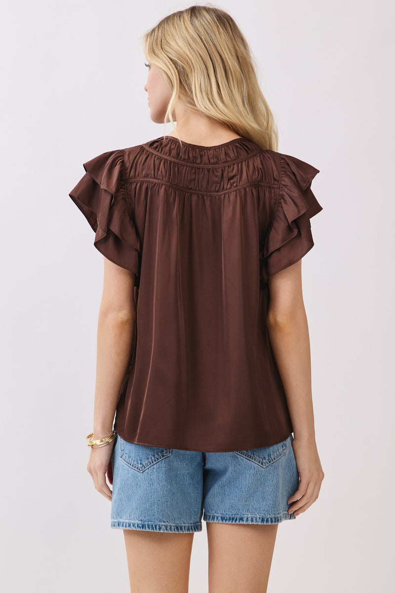 DOUBLE RUFFLE SLEEVE BLOUSE  - BROWN