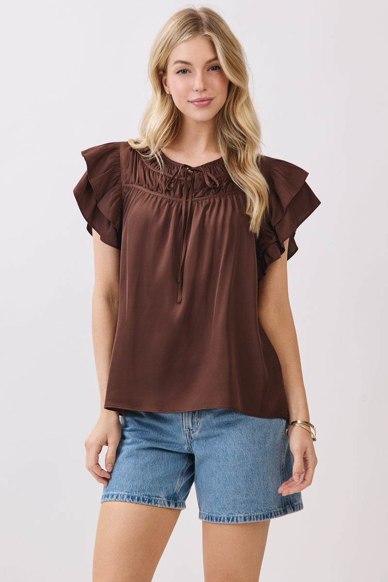 DOUBLE RUFFLE SLEEVE BLOUSE  - BROWN