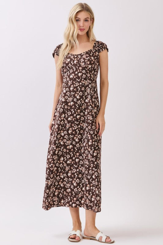 PRINCESS NECKLINE MIDI DRESS - BROWN/RUST