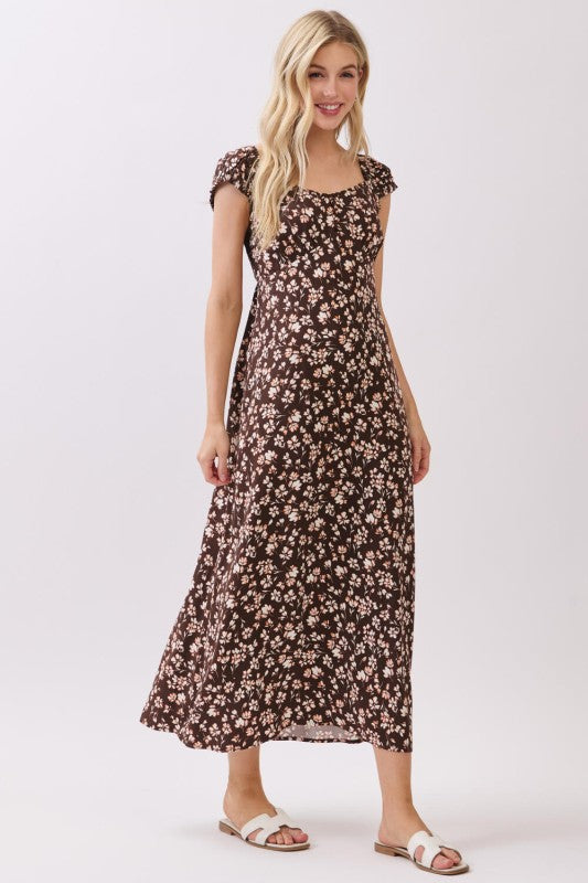 PRINCESS NECKLINE MIDI DRESS - BROWN/RUST