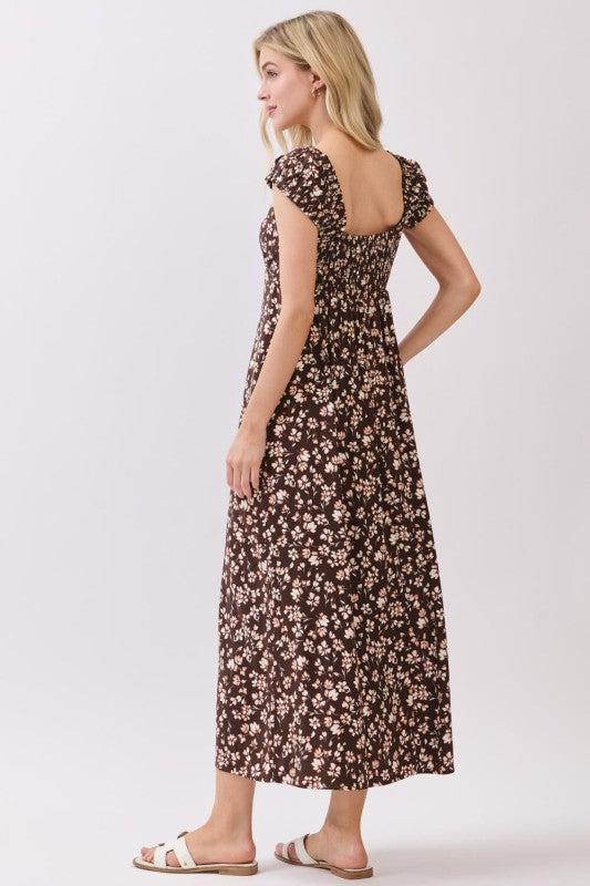 PRINCESS NECKLINE MIDI DRESS - BROWN/RUST