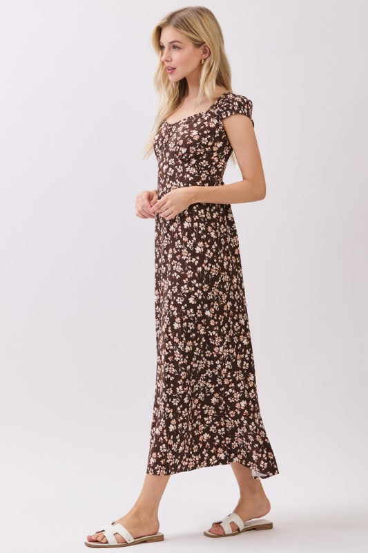 PRINCESS NECKLINE MIDI DRESS - BROWN/RUST