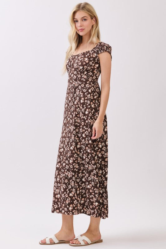 PRINCESS NECKLINE MIDI DRESS - BROWN/RUST