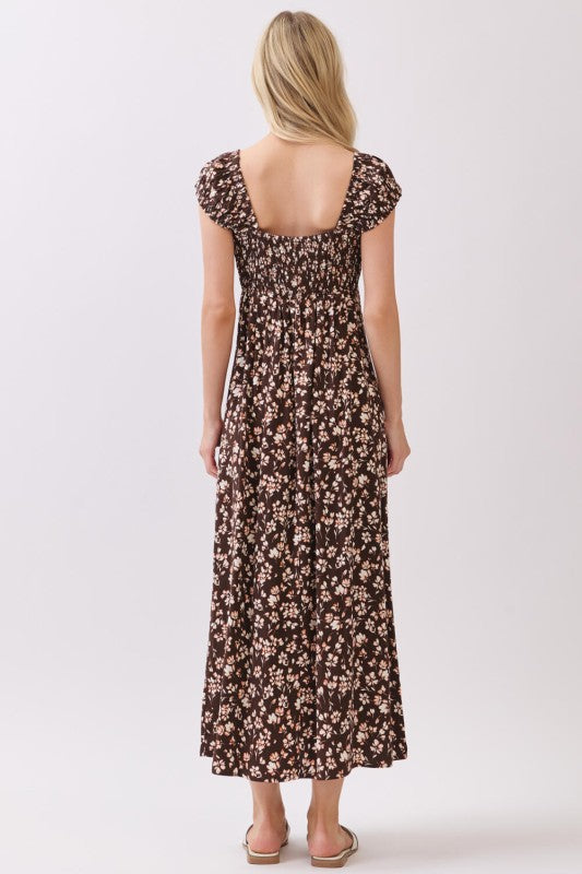 PRINCESS NECKLINE MIDI DRESS - BROWN/RUST