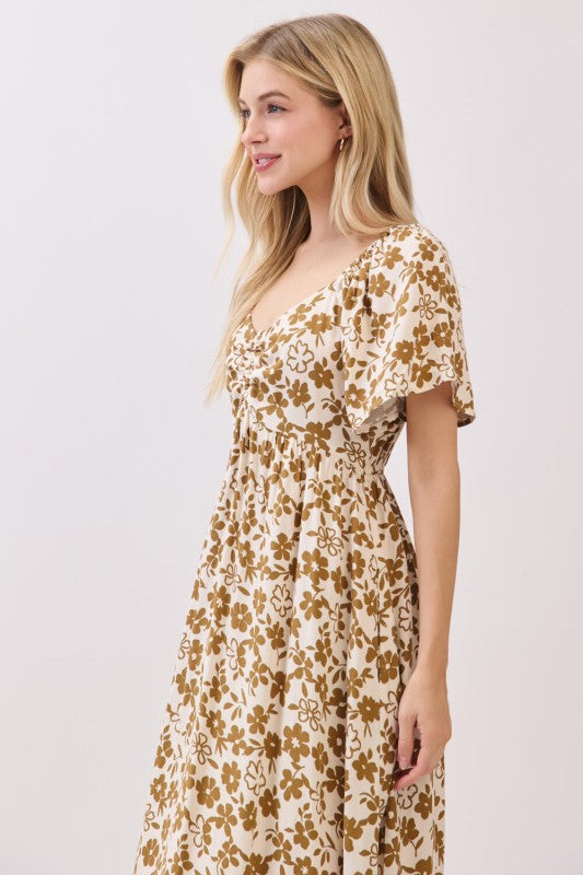FLORAL PRINT TIE DETAIL MIDI DRESS - BEIGE/MOCHA