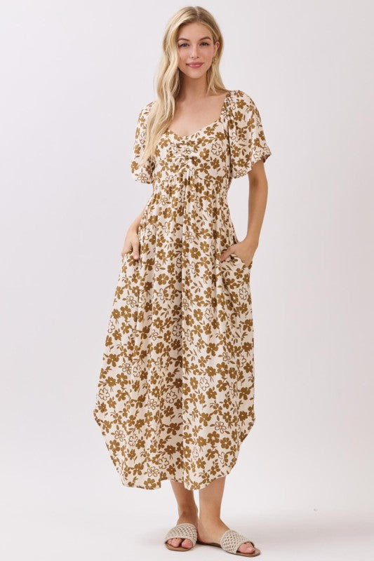 FLORAL PRINT TIE DETAIL MIDI DRESS - BEIGE/MOCHA