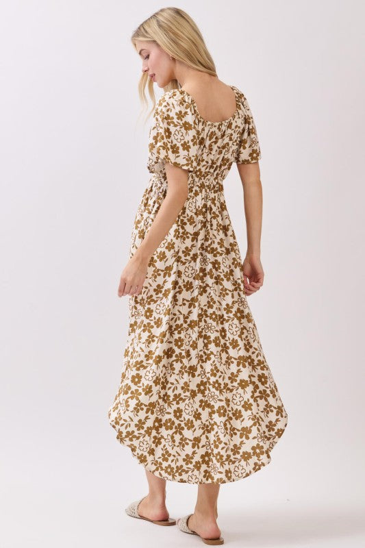 FLORAL PRINT TIE DETAIL MIDI DRESS - BEIGE/MOCHA