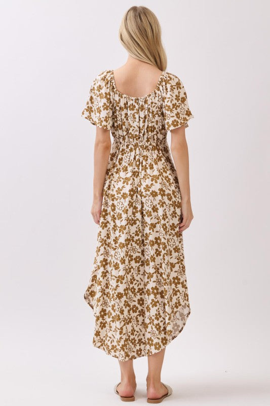 FLORAL PRINT TIE DETAIL MIDI DRESS - BEIGE/MOCHA