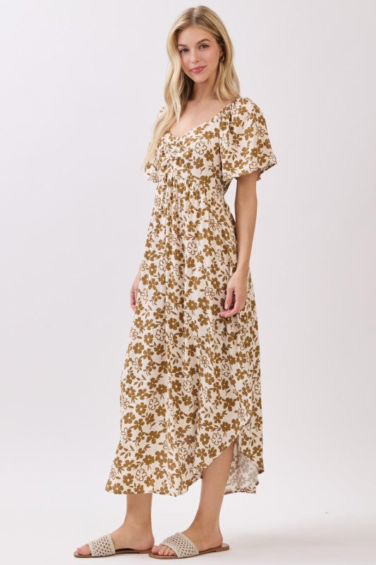 FLORAL PRINT TIE DETAIL MIDI DRESS - BEIGE/MOCHA