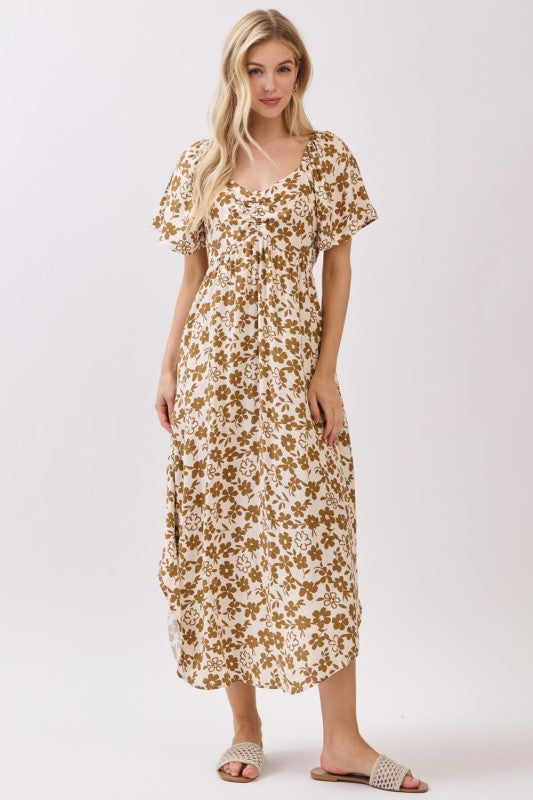 FLORAL PRINT TIE DETAIL MIDI DRESS - BEIGE/MOCHA