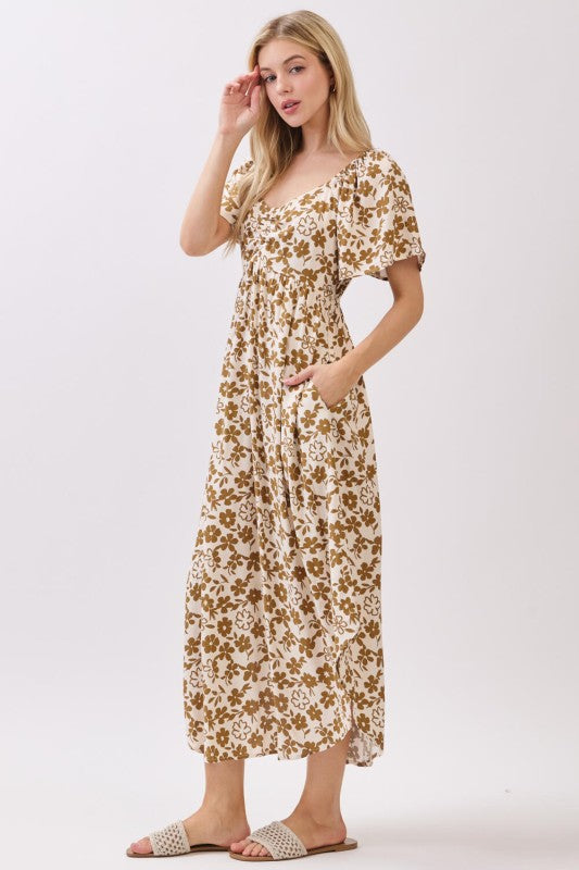 FLORAL PRINT TIE DETAIL MIDI DRESS - BEIGE/MOCHA