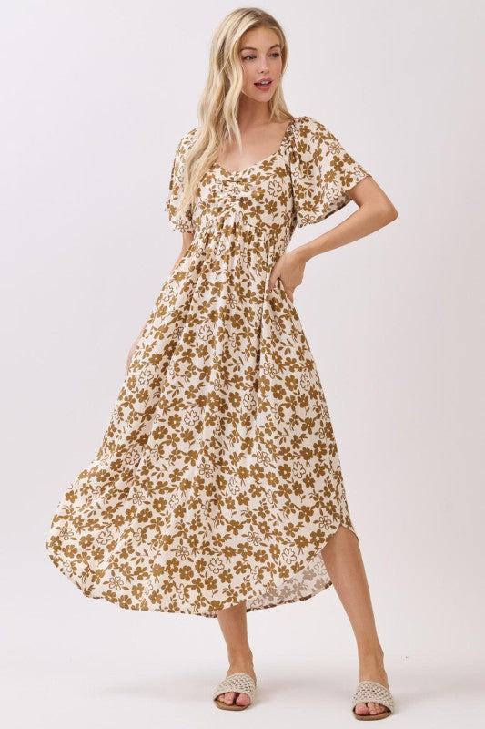 FLORAL PRINT TIE DETAIL MIDI DRESS - BEIGE/MOCHA