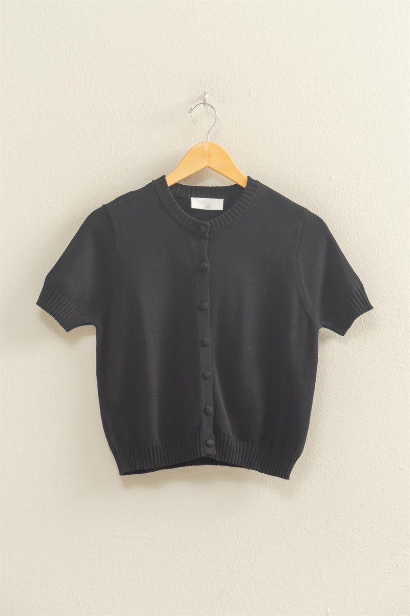 SHORT SLEEVE BUTTON CARDIGAN - BLACK
