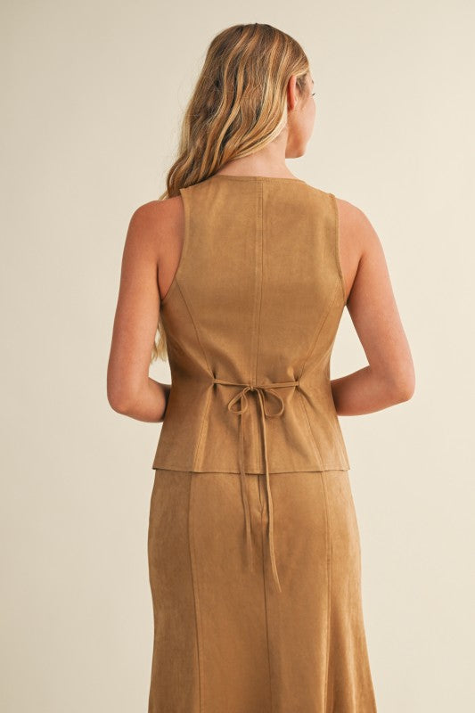 TIE BACK BUTTON FRONT VEST - TAN