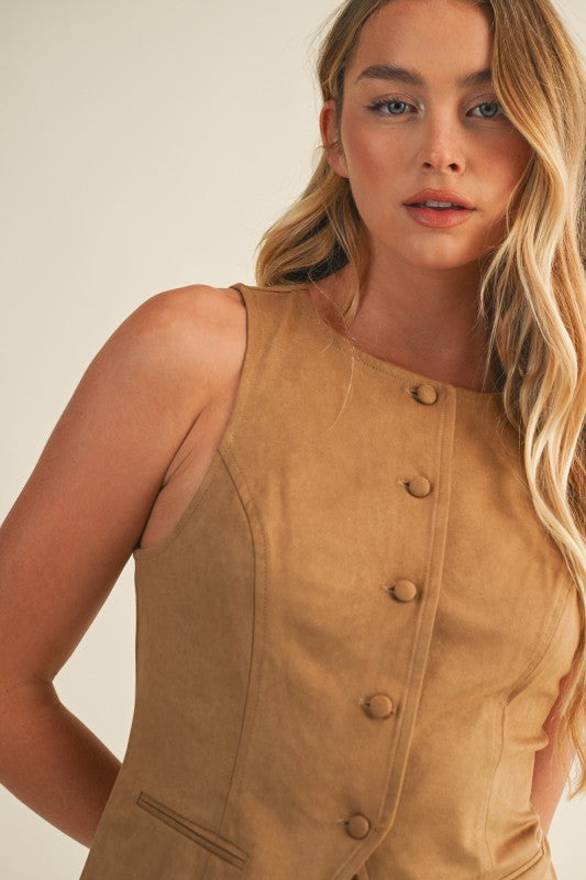 TIE BACK BUTTON FRONT VEST - TAN