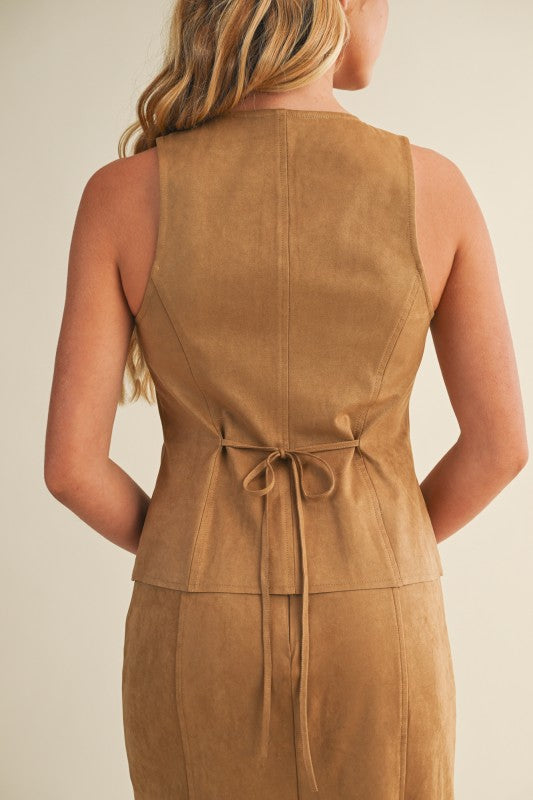 TIE BACK BUTTON FRONT VEST - TAN