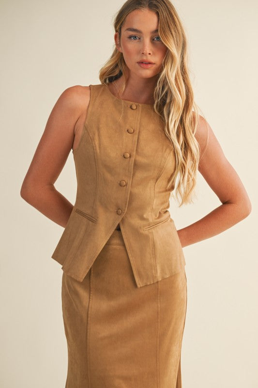 TIE BACK BUTTON FRONT VEST - TAN