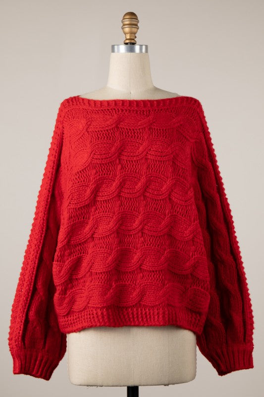 BRAID KNIT COZY SWEATER - RED