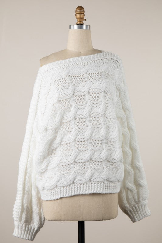 BRAID KNIT COZY SWEATER - WHITE