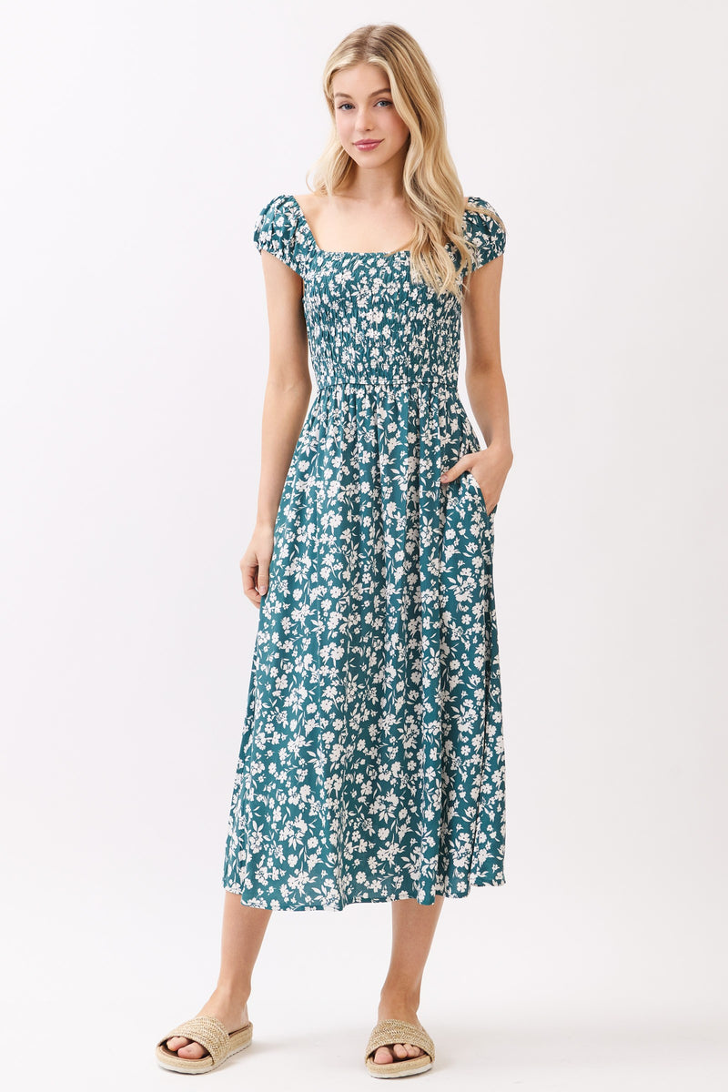 SMOCKED BODICE MIDI DRESS - TEAL