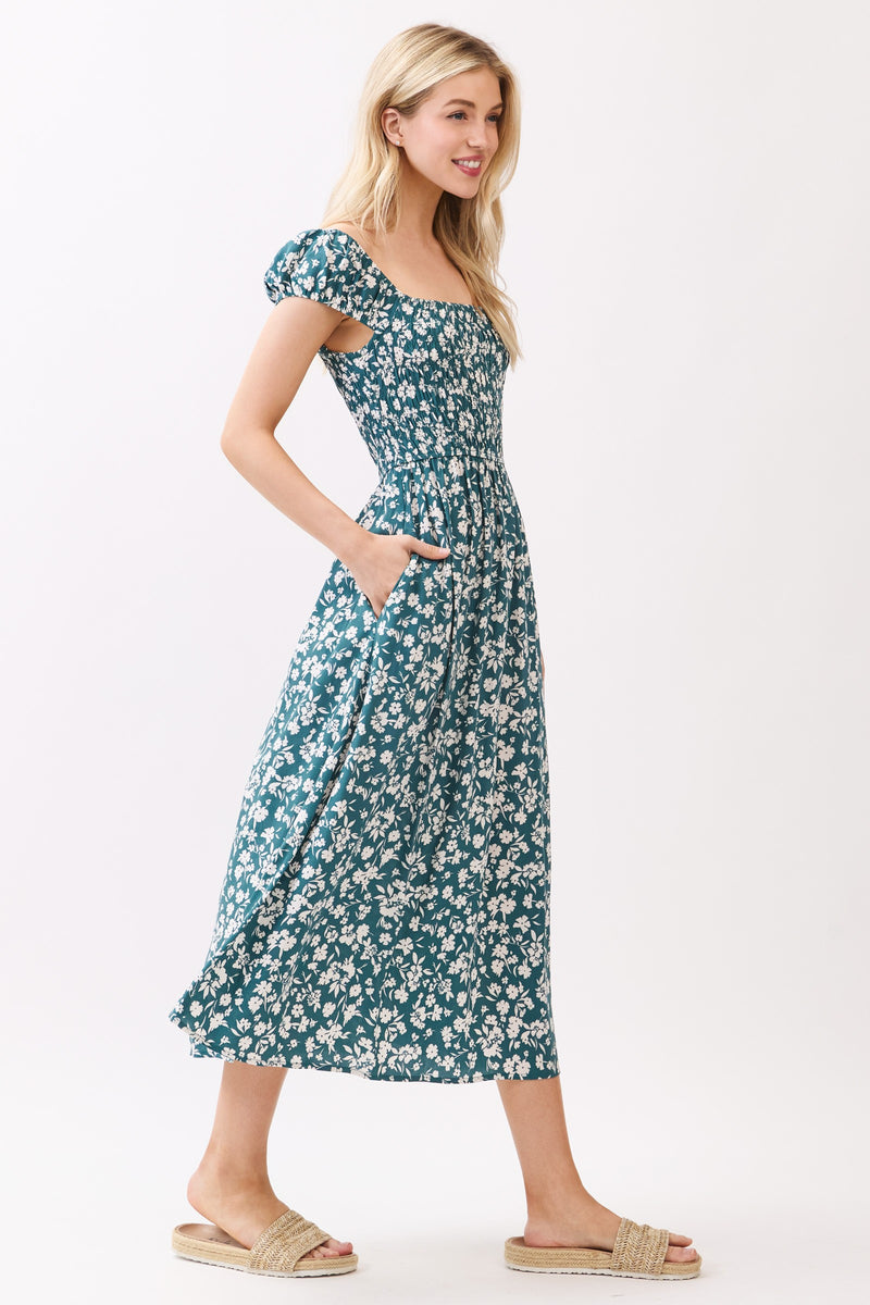 SMOCKED BODICE MIDI DRESS - TEAL