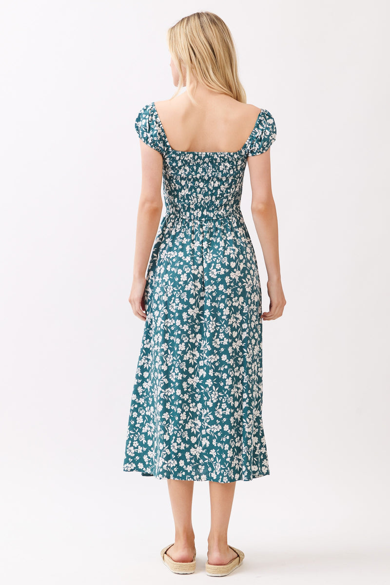 SMOCKED BODICE MIDI DRESS - TEAL