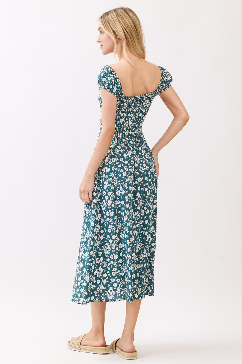 SMOCKED BODICE MIDI DRESS - TEAL